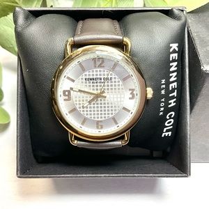 Kenneth Cole Silver Dial Gold Case Brown Leather Band Watch 10017173